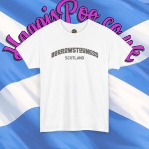 Borrowstouness Scotland Tee | Vintage Collegiate Font, White T-Shirt