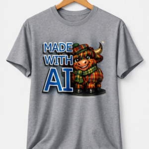 Made With AI Highland Cow T‑Shirt — Cute Tartan Graphic Tee